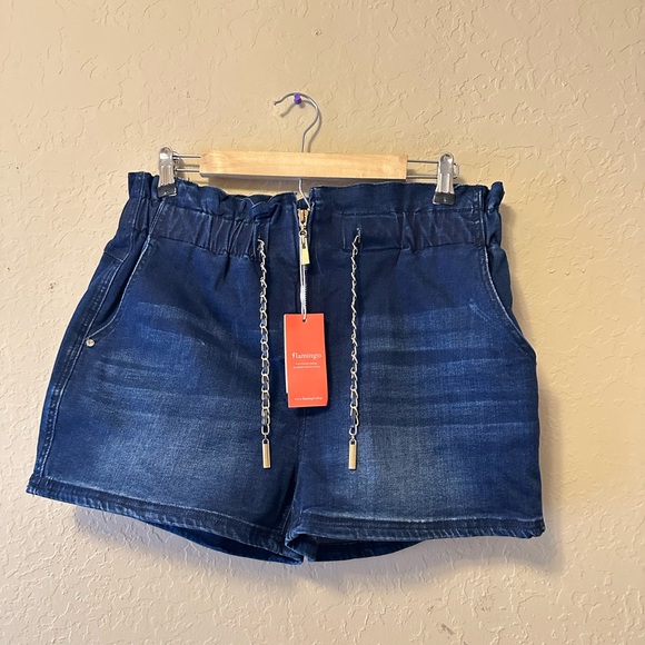 Flamingo  Dark Blue Jean Shorts with Golden Chain Drawstring - Picture 3 of 8